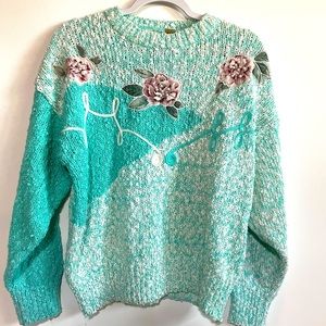 Vintage 90s Rose Beaded Crewneck Sweater Color Block Sleeves  Size L